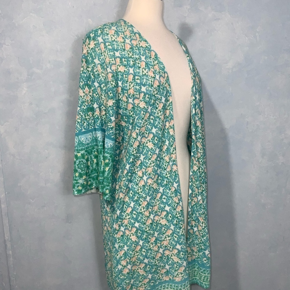 Chico’s Elbow Bell Sleeve Teal & Peach Tile Print Open Front Sweater Cardigan L